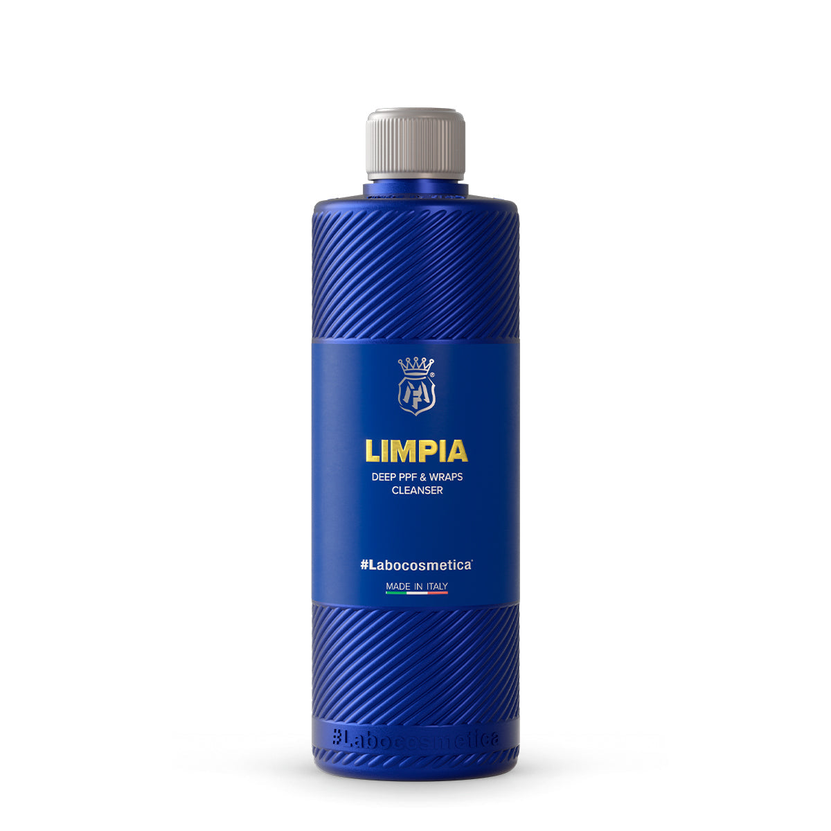 Blue bottle of Limpia cleanser with a white background