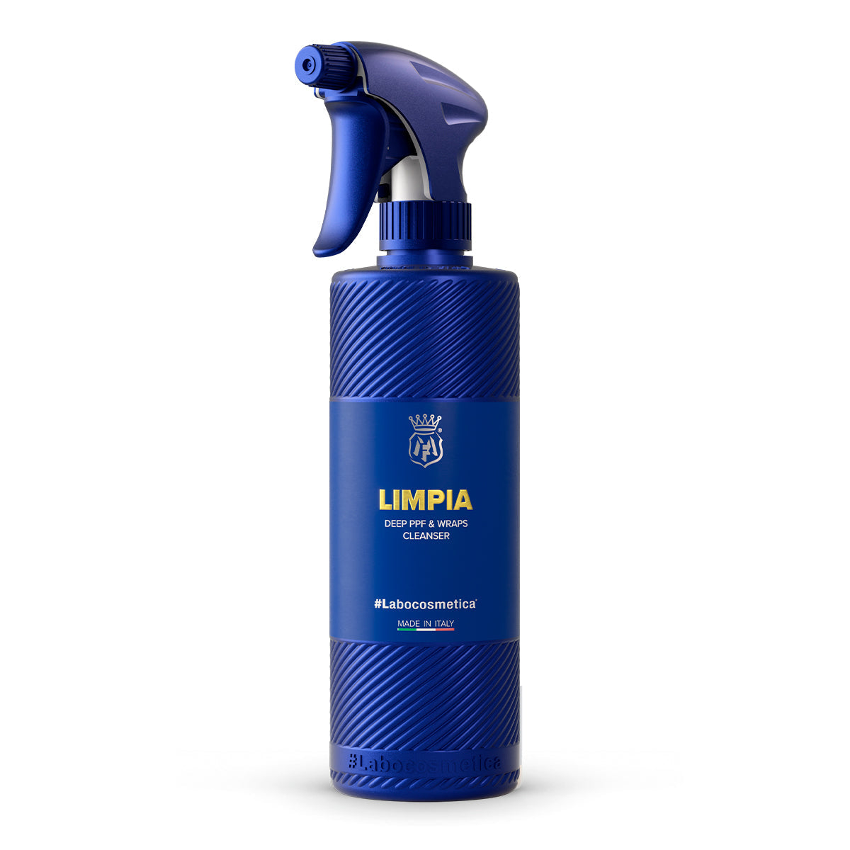 Blue spray bottle labeled &#39;LIMPIA&#39; on a white background