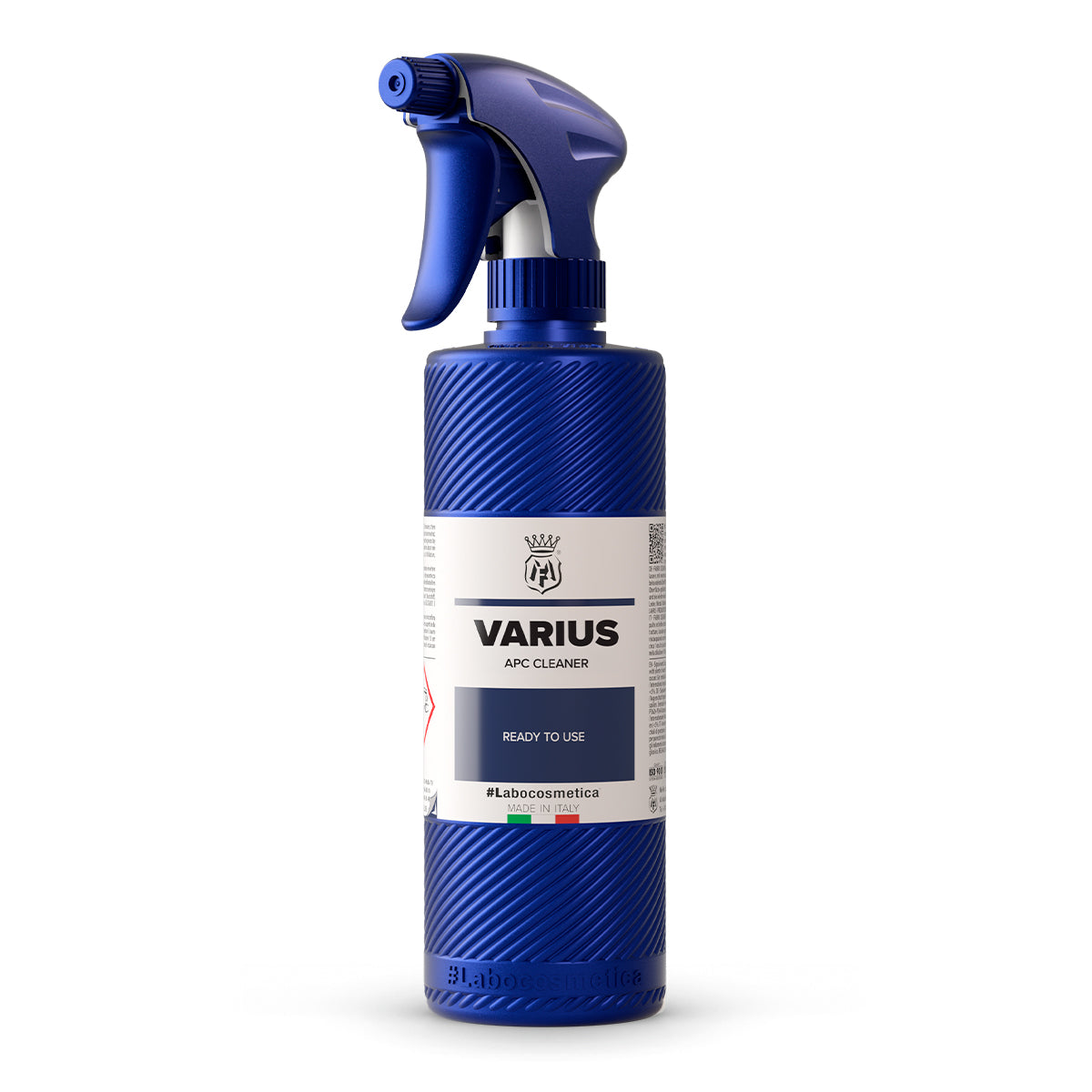 Blue spray bottle with &#39;Varius&#39; label on a white background