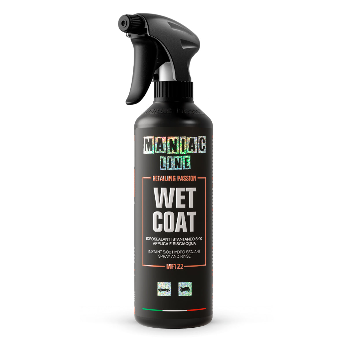 Black spray bottle labeled &#39;Wet Coat&#39; by Maniac Line on a white background